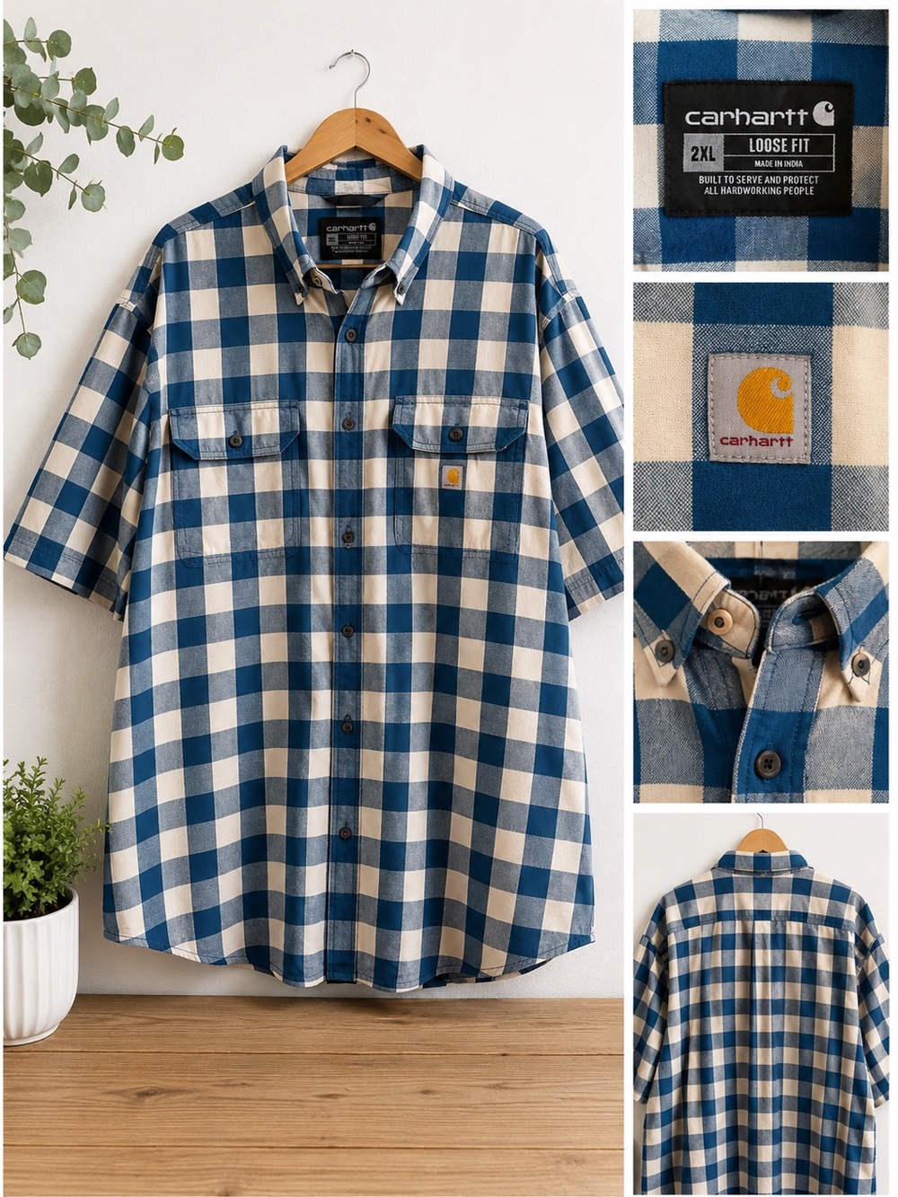 Men's 2xl Carhartt Short Sleeve Button Down Gingham Blue & Cream Check Shirt